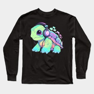 Green Turtle with Headphones Long Sleeve T-Shirt